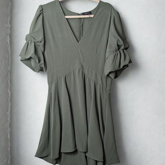 1. State Olive  V-Neck Puff Short Sleeve Fit &Flare Dress L - Picture 2 of 12